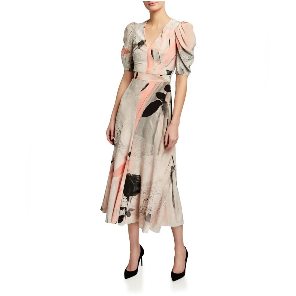 $2850 New Alexander McQueen Trompe L’Oeil Silk Puff Sleeve Runway Dress size 2